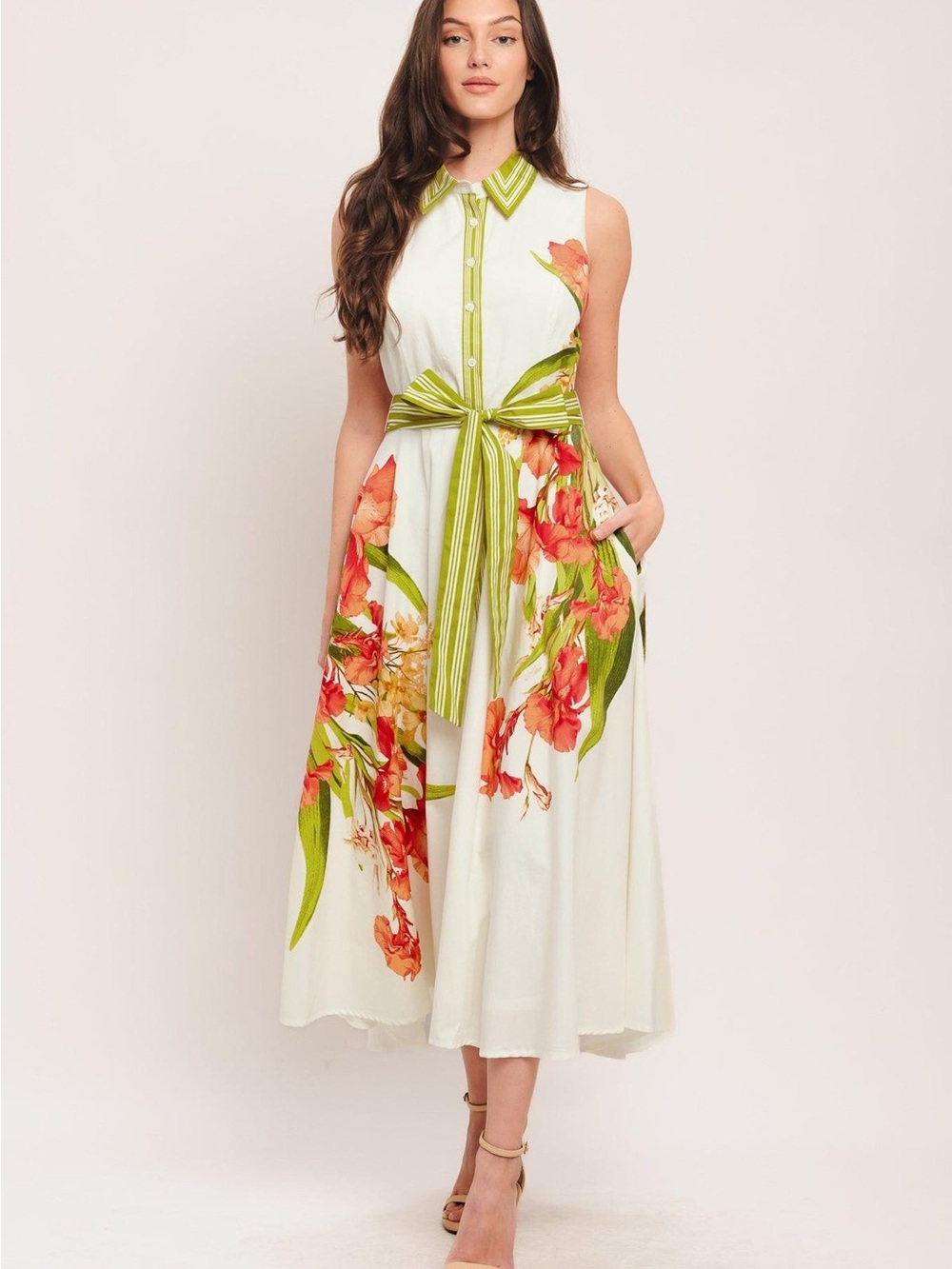 Sleeveless White Floral Midi Shirt Dress with Green Tie - Flying Tomato